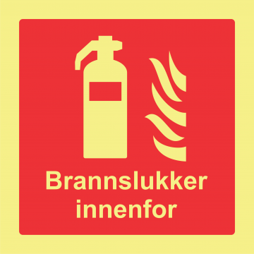 Brannslukker innenfor - brannskilt med symbol og tekst