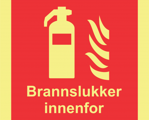 Brannslukker innenfor - brannskilt med symbol og tekst